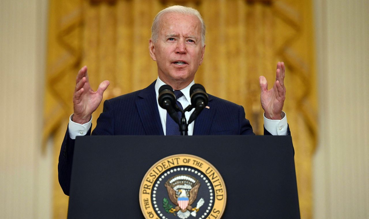 President Joe Biden delivers remarks on the terror attack at Hamid Karzai International Airport, and the US service members and Afghan victims killed and wounded, in the East Room of the White House in Washington on August 26.