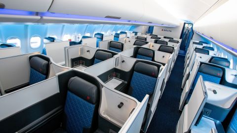 A photo of the Delta One business class cabin on a Delta Air Lines Airbus A350 jet