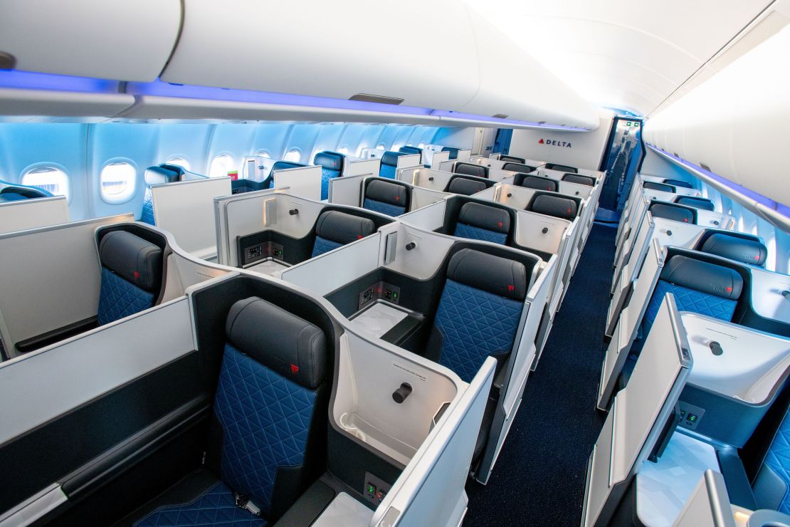 A photo of the Delta One business class cabin on a Delta Air Lines Airbus A350 jet