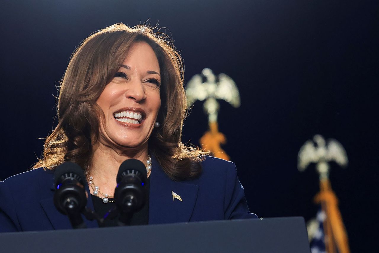 Vice President Kamala Harris speaks at a campaign event in West Allis, Wisconsin, on July 23