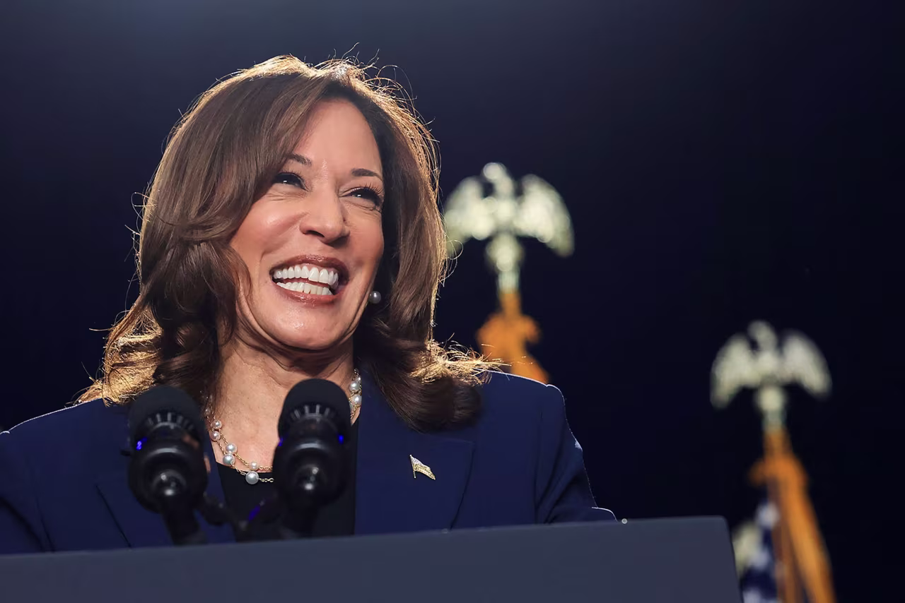 Vice President Kamala Harris speaks at a campaign event in West Allis, Wisconsin, on July 23