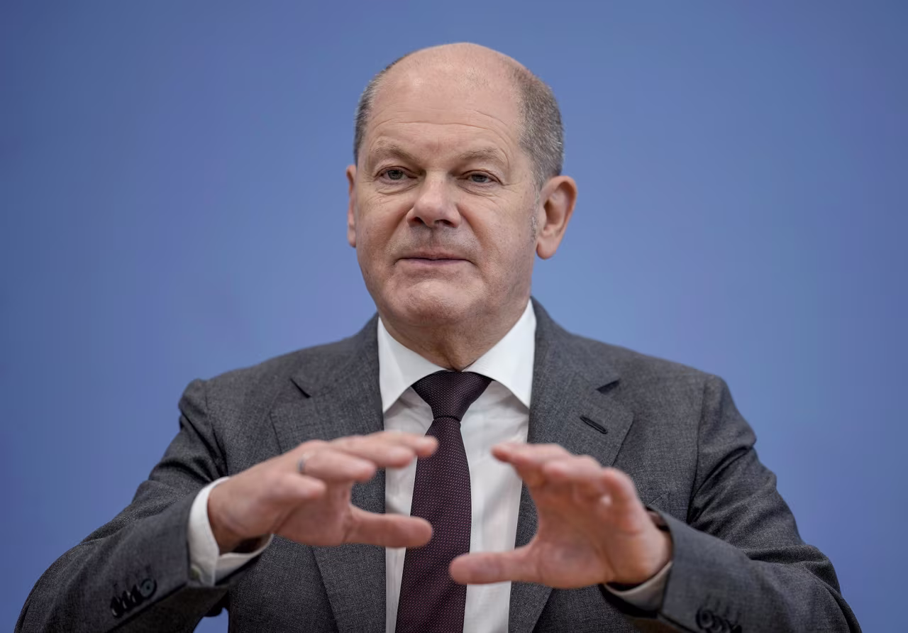 Chancellor Olaf Scholz takes part in a press conference to introduce the new German security strategy in Berlin, Germany, on June 14.