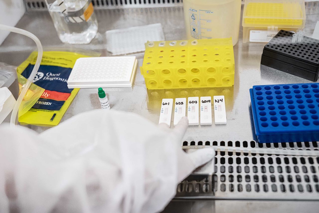 A scientist works to validate antibody tests with samples from recovered coronavirus patients at a Mirimus, Inc. lab, in Brooklyn, New York, on April 10.