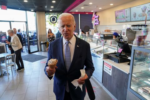 U.S. President Joe Biden speaks to reporters during a visit to an ice cream shop in Portland, Oregon, on October 15.