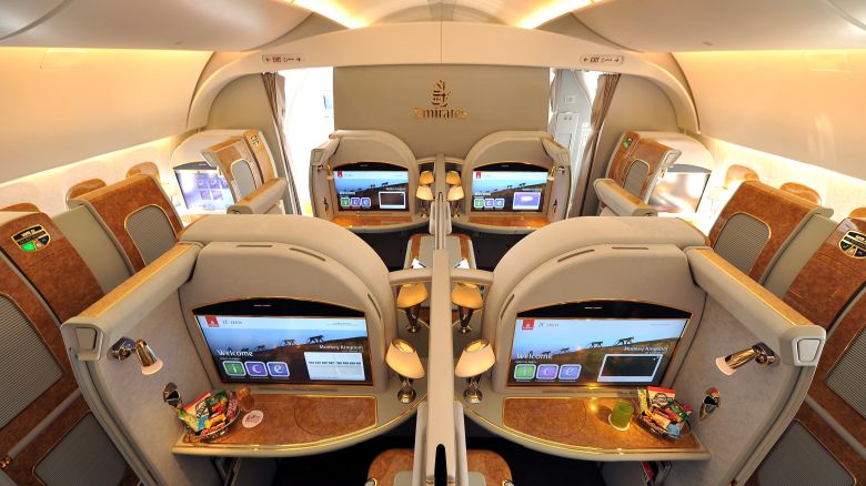 A photo of the first class cabin on an Emirates Airbus A380 aircraft