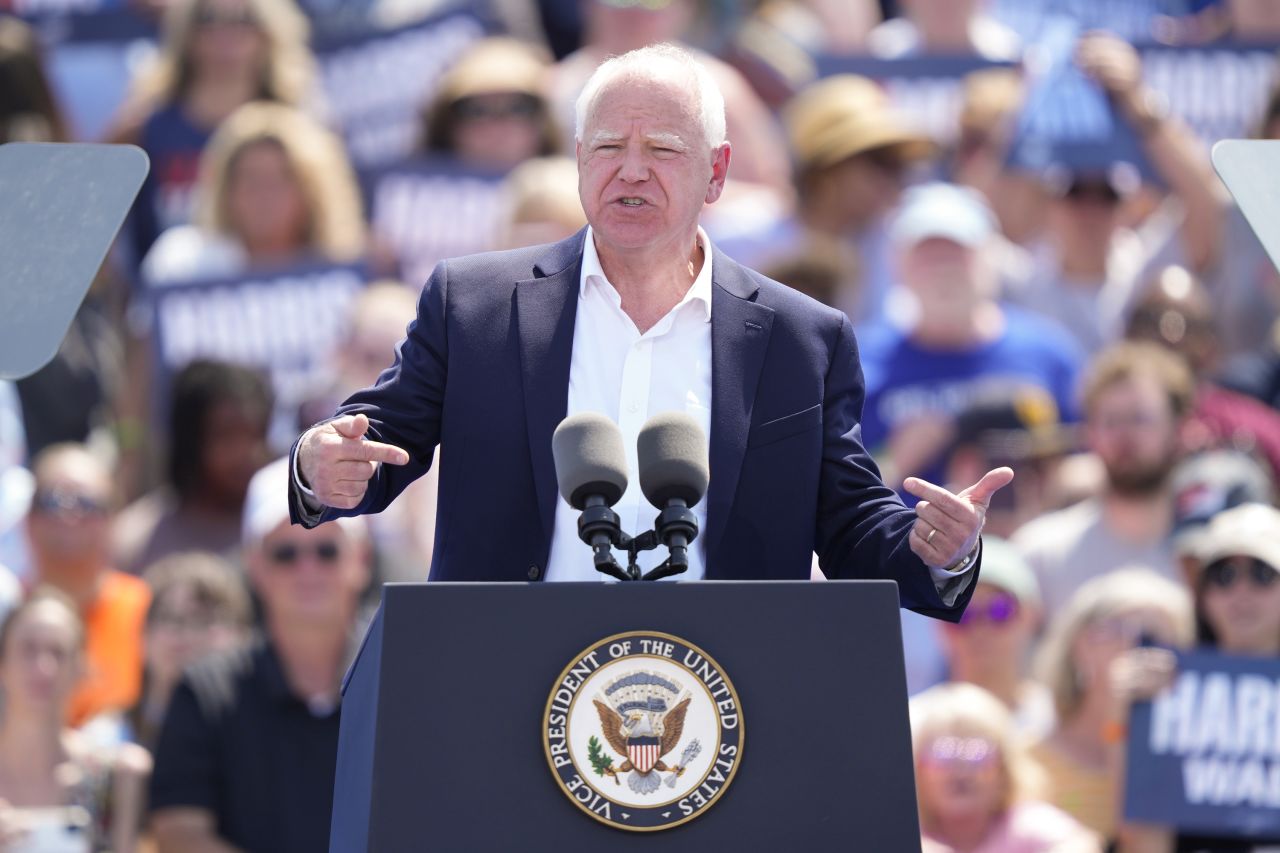 Democratic vice presidential nominee Minnesota Gov. Tim Walz delivers remarks at a campaign event, on August 7, in Eau Claire, Wisconsin.