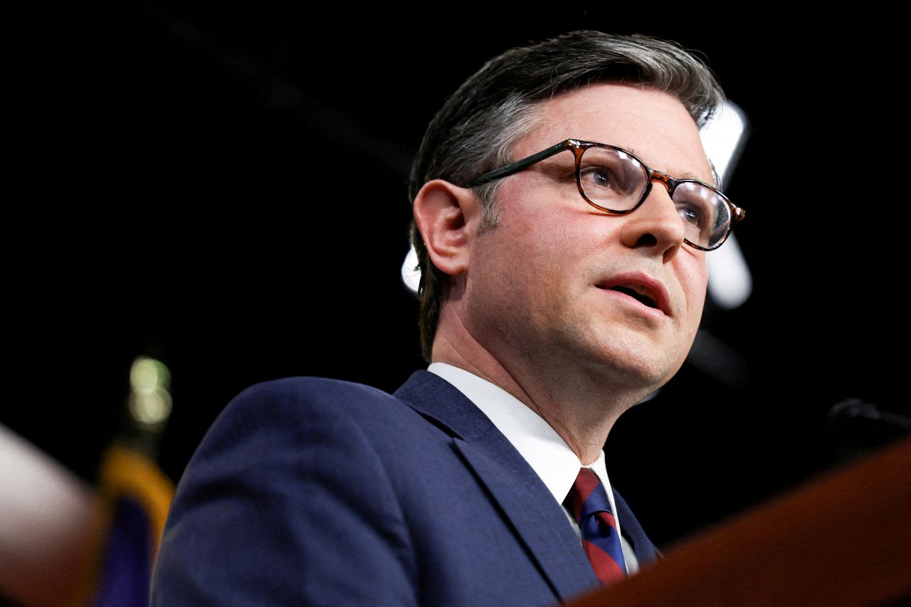 Speaker of the House Mike Johnson speaks during a press conference with House Republicans at the Capitol in Washington, DC, on May 7.