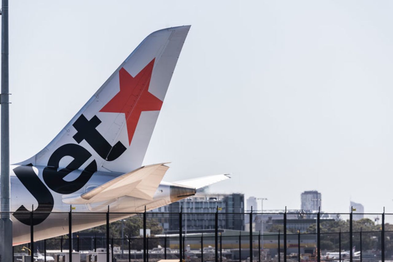 A general view of a grounded Jetstar plane on February 19 in Sydney, Australia.