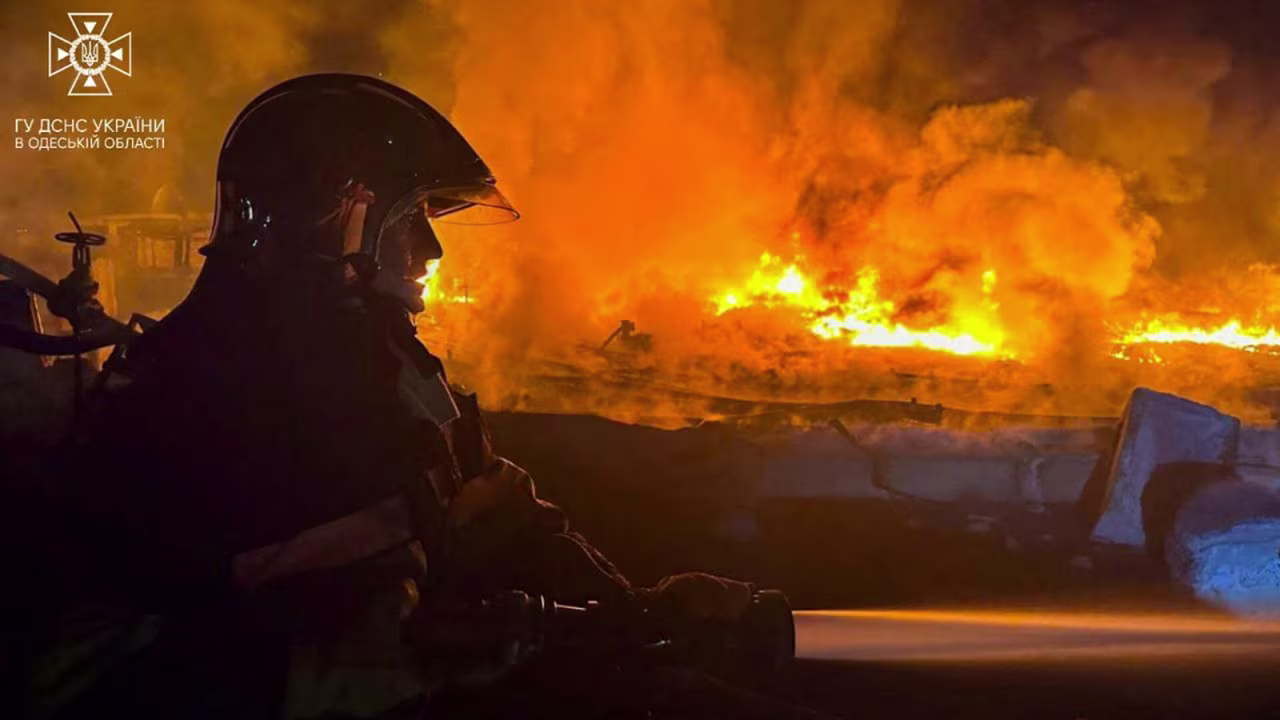 A firefighter works at a site which was hit during Russia's drone attacks in Odesa region, Ukraine, on September 3.