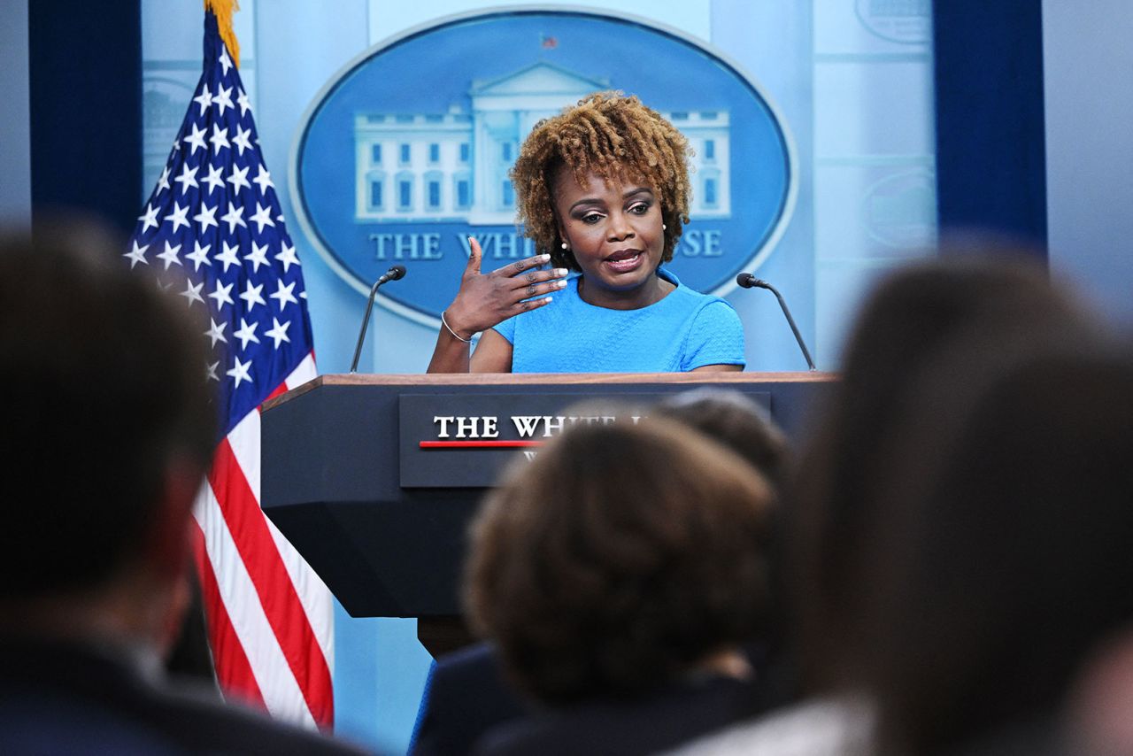 White House press secretary Karine Jean-Pierre speaks during the daily briefing at the White House in Washington, DC, on Wednesday.