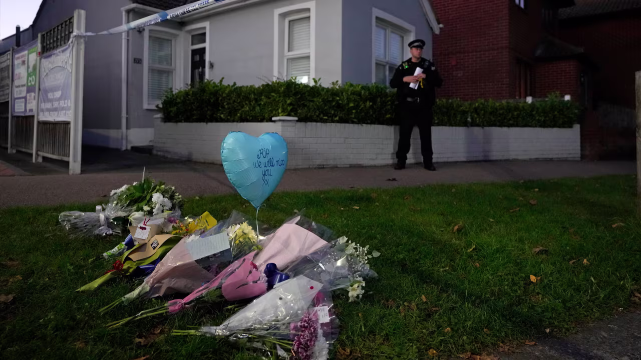 Tributes are left for Amess on Friday. The balloon reads "RIP We will miss you."