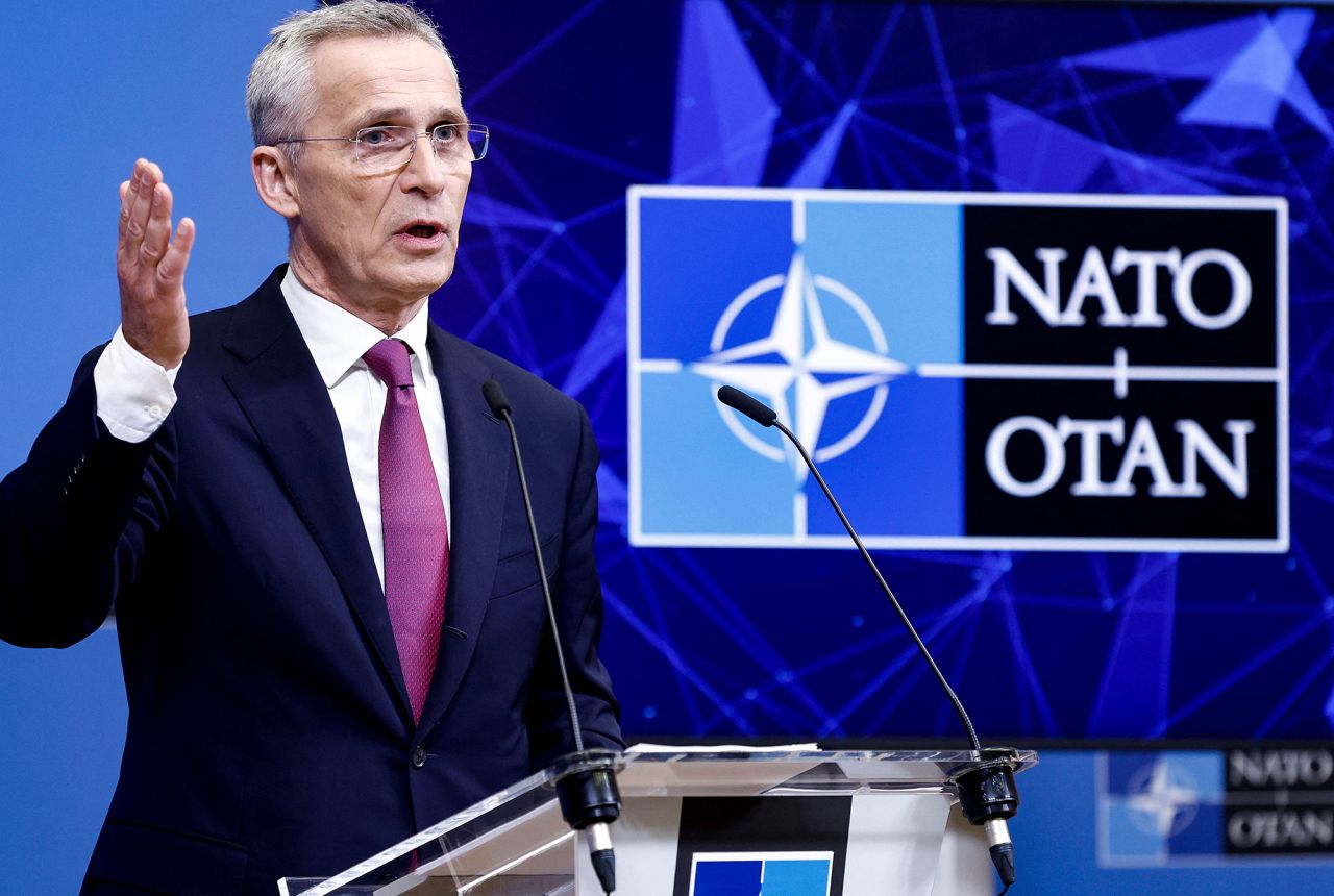 NATO Secretary General Jens Stoltenberg speaks during a press conference in Brussels, Belgium, on April 5. 