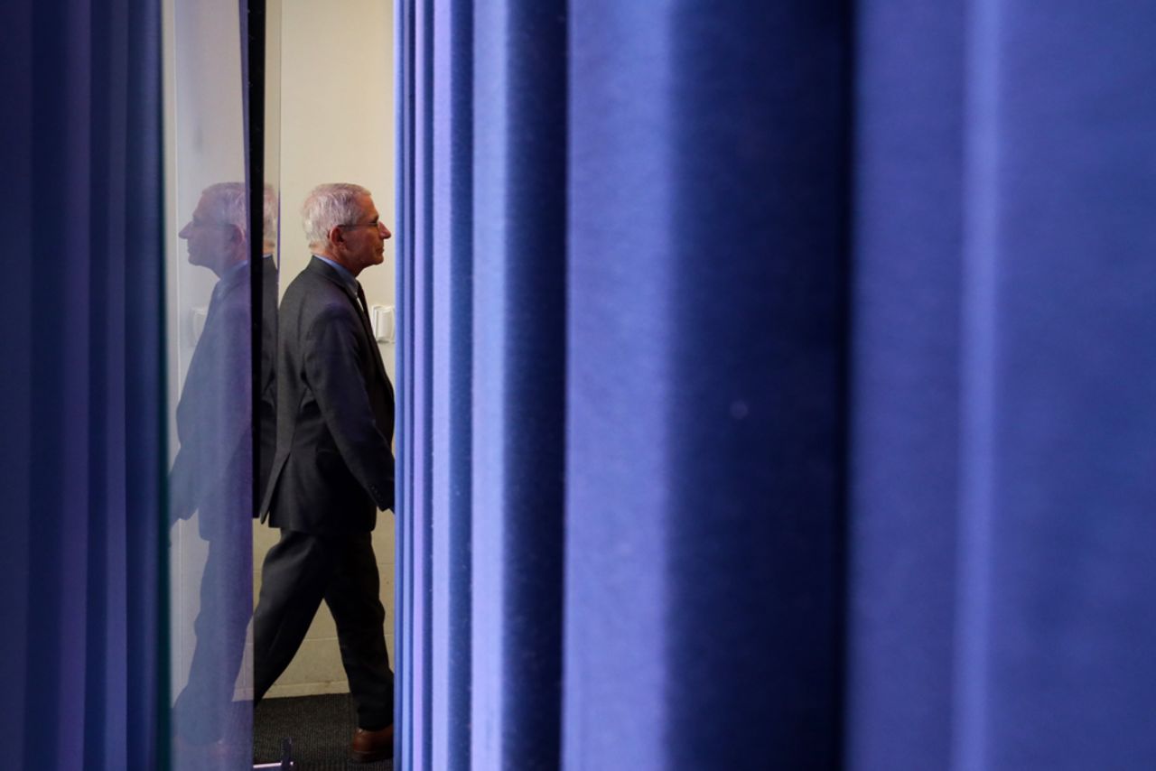 National Institute of Allergy and Infectious Diseases Director Anthony Fauci leaves after the daily briefing of the White House Coronavirus Task Force on April 10, 2020 at the White House in Washington.