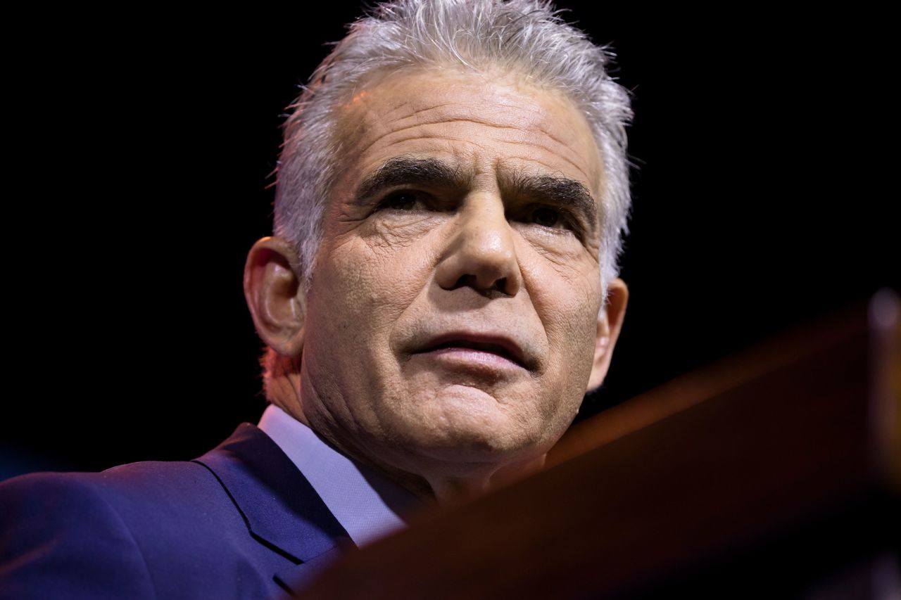 Former?Israeli Prime Minister Yair Lapid speaks at an event in Tel Aviv in August 2022.