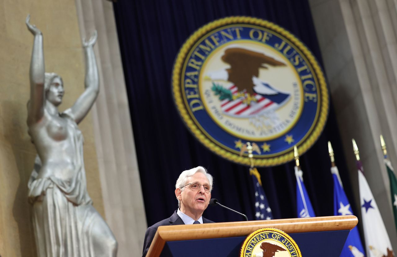 US Attorney General Merrick Garland delivers remarks at the Justice Department on May 14 in Washington, DC. 