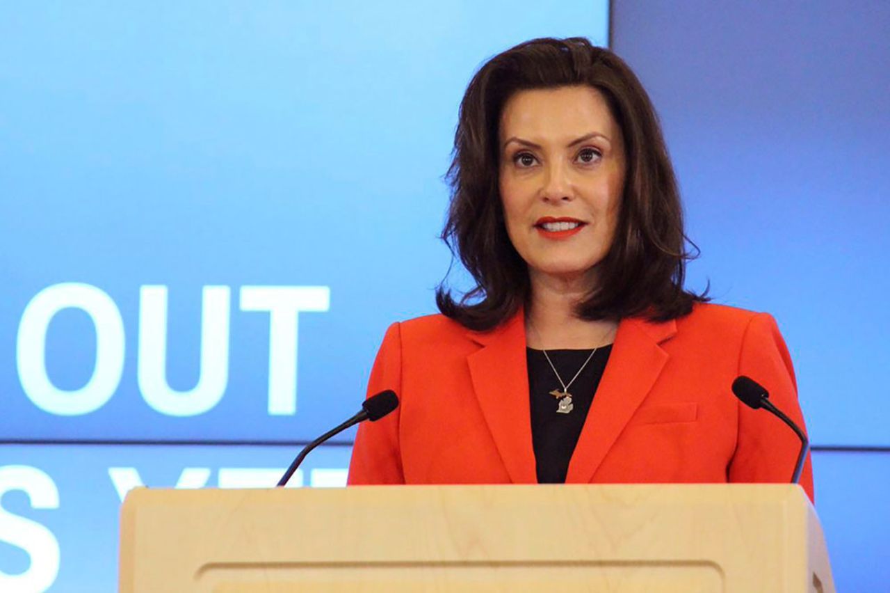 In a photo provided by the governor's office, Michigan Gov. Gretchen Whitmer speaks in Lansing, Michigan, on Monday, May 4.