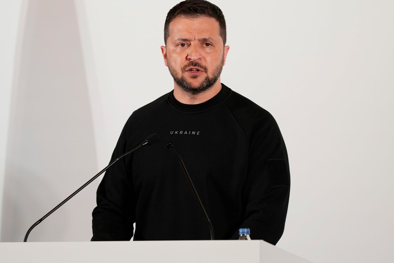 Volodymyr Zelenskyy speaks during a news conference in Hiroshima, western Japan, on Sunday, May 21.