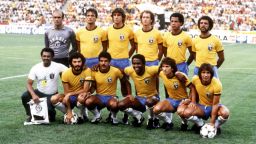 Brazil team group. Back, left to right: Waldir Perez, Leandro, Oscar, Falcao, Luizinho, Junior. Front, left to right: Trainer, Socrates, Cerezo, Serginho, Zico, Eder.