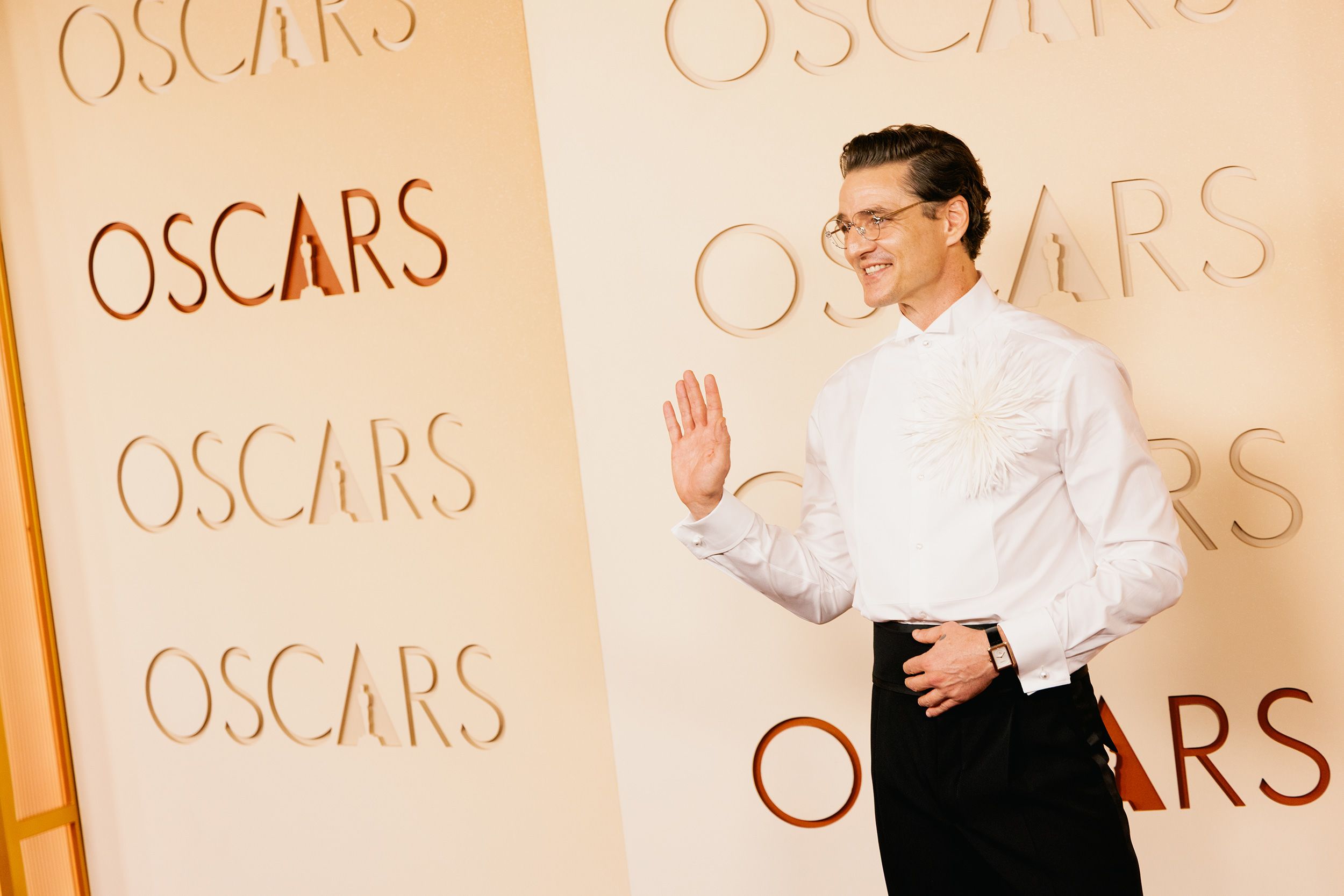 A rare public appearance for Pedro Pascal’s upper lip, hidden under a mustache since his “Narcos” days.