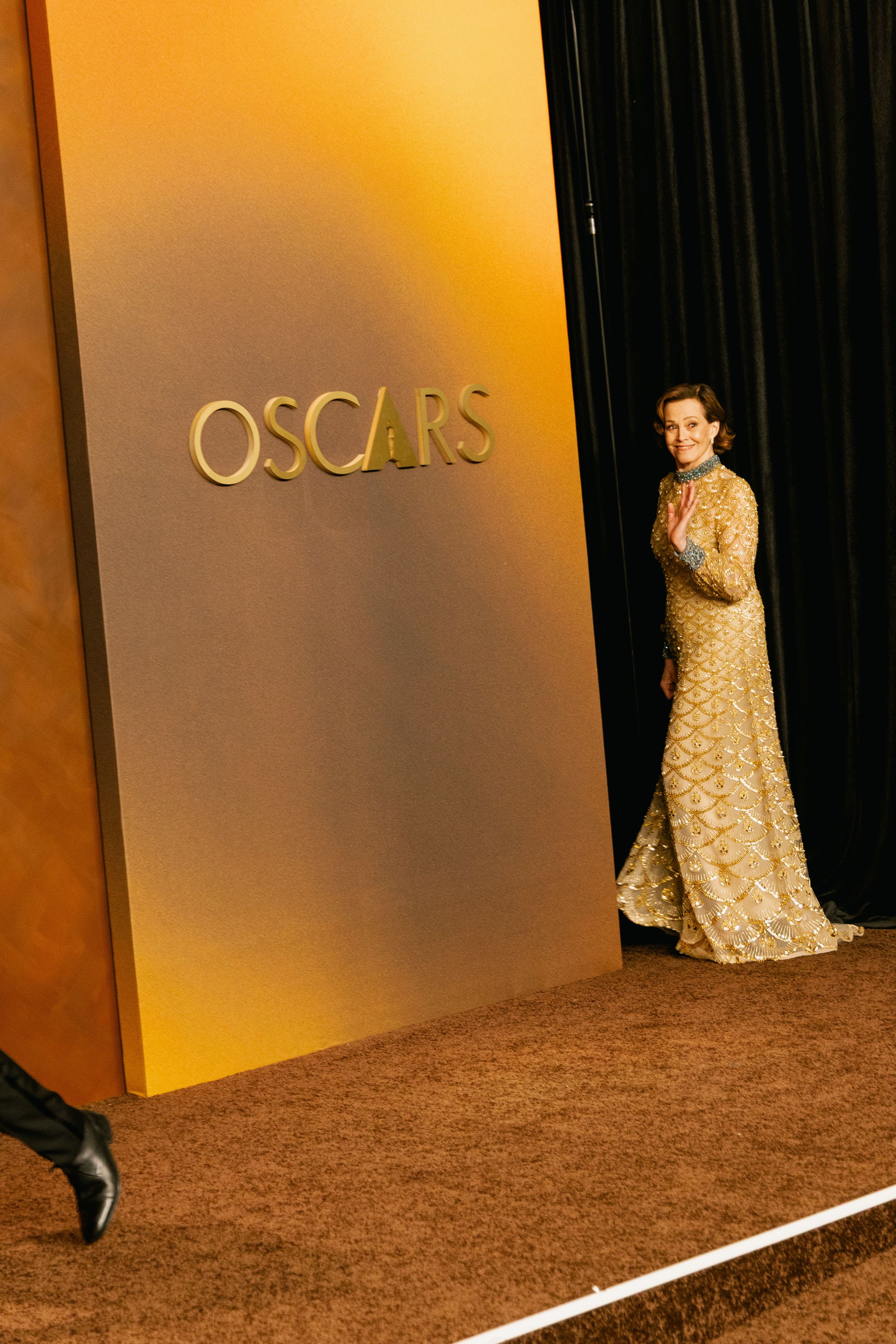 Sigourney Weaver moments after presenting the awards for production design and visual effects alongside Pedro Pascal.