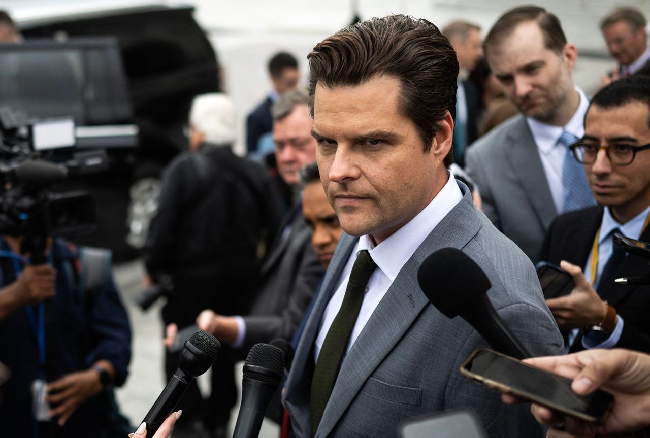 Rep. Matt Gaetz speaks to the press outside the Capitol on September 29. 