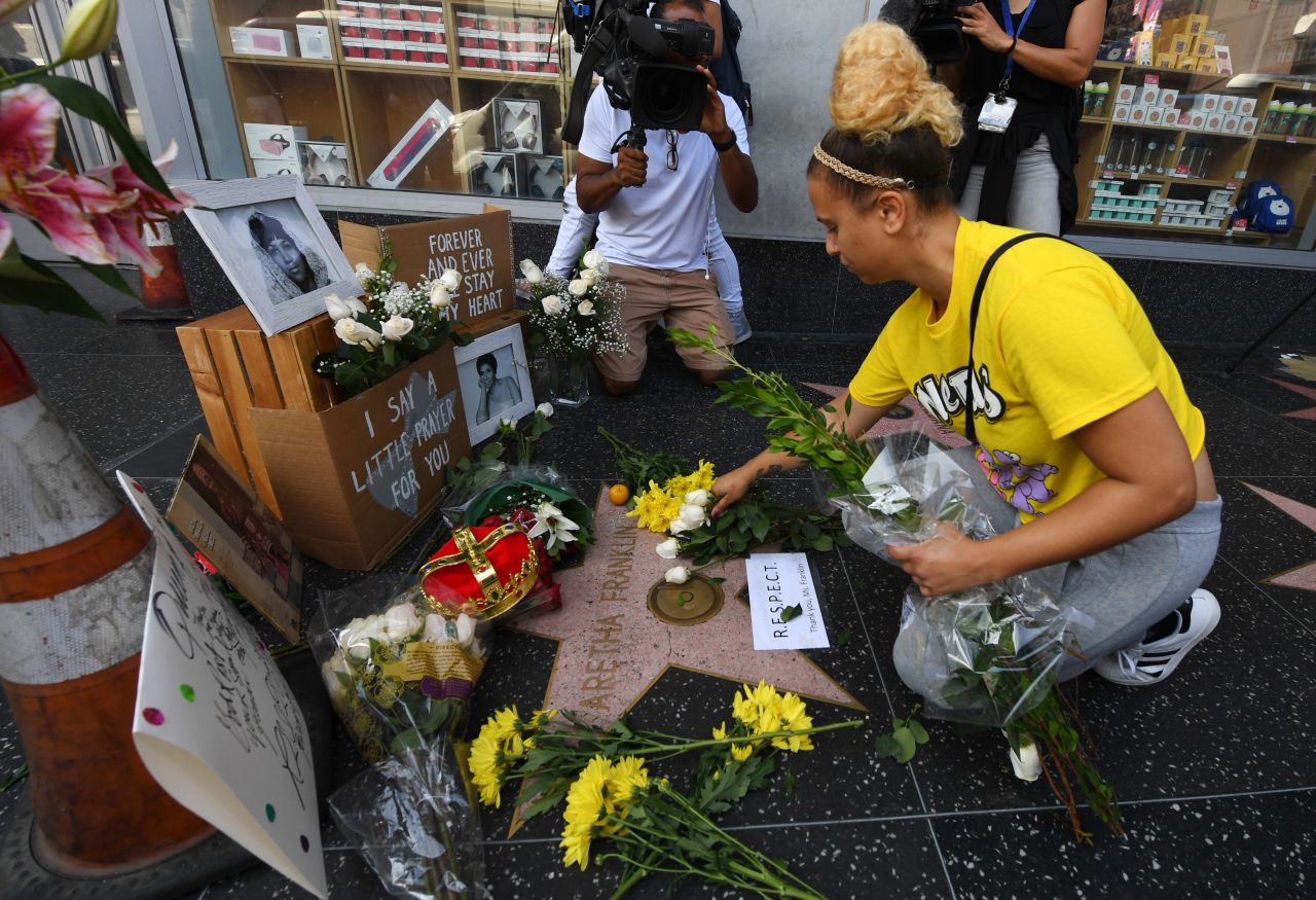 Flowers and tributes are placed on Aretha Franklin's star on the Hollywood Walk of Fame in Hollywood, California,  on August 16, 2018.