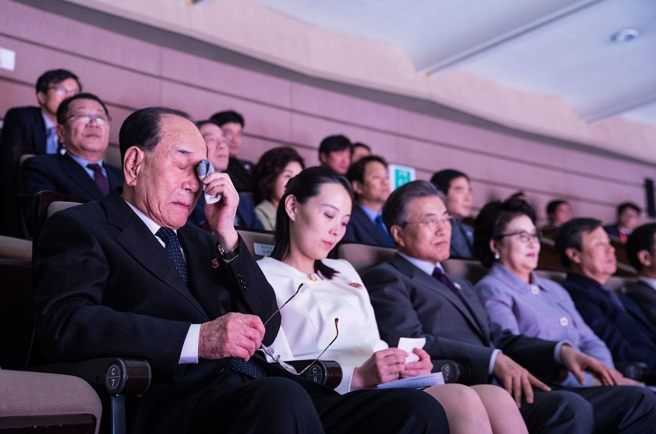 From left to right in the first row: North Korea's ceremonial head of state, Kim Yong Nam; Kim Jong Un's sister and the head of the North Korean Propaganda and Agitation Department, Kim Yo Jong; and South Korean President Moon Jae-in watch a performance of North Korea's Samjiyon Orchestra in Seoul, South Korea, in February.