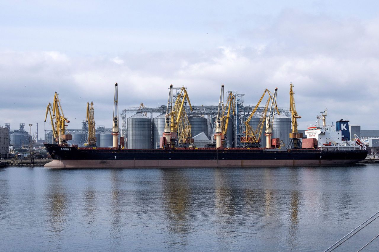 Bulk carrier ARGO I is docked at the grain terminal of the port of Odessa, Ukraine, on April 10.