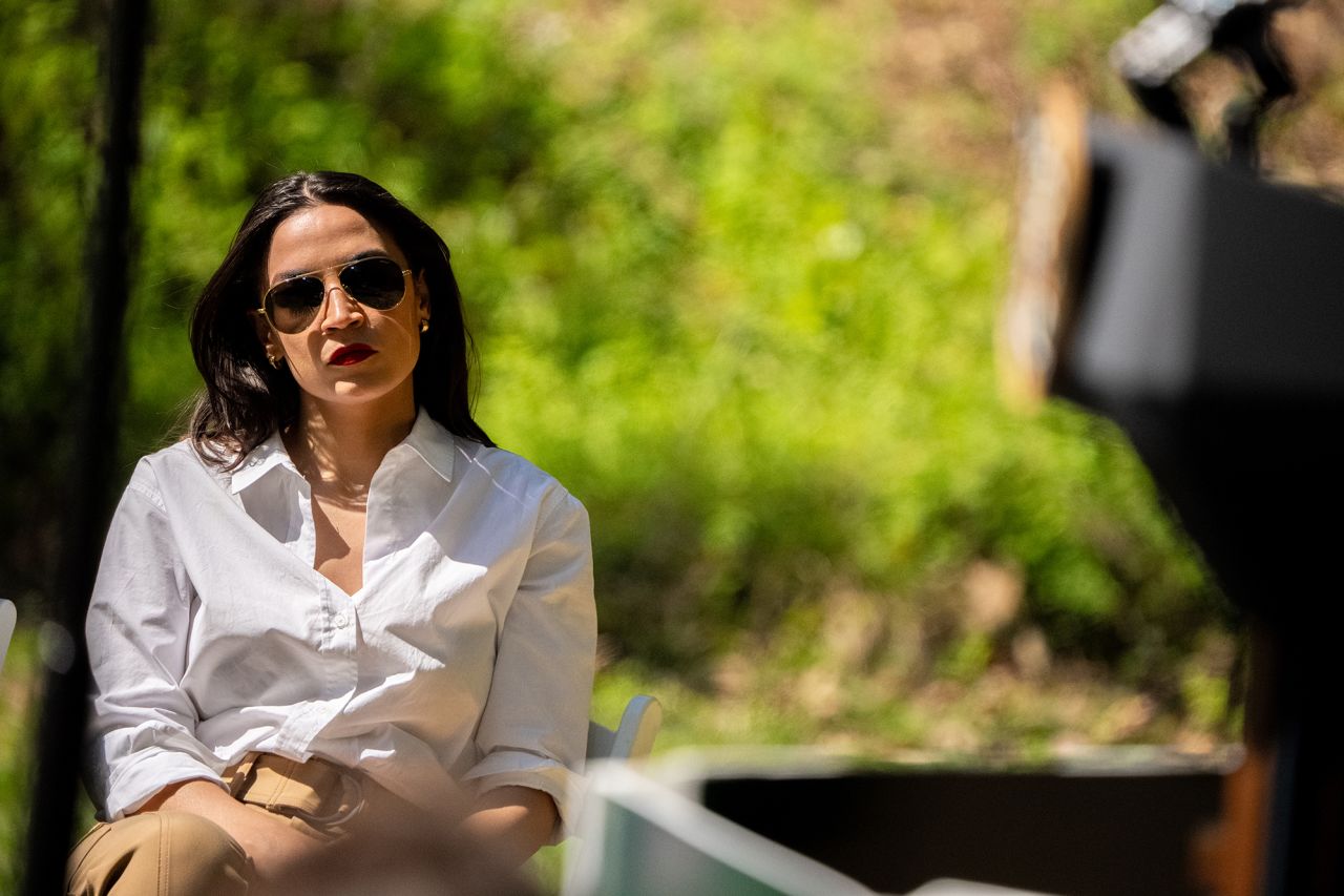 Rep. Alexandria Ocasio-Cortez (D-NY) on April 22 in Triangle, Virginia, as Joe Biden speaks on Earth Day at Prince William Forest Park.