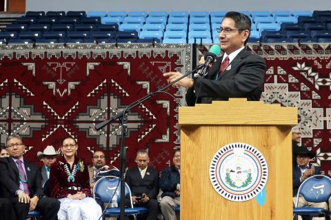In this file photo, Jonathan Nez addresses a crowd after he was sworn in as president of the Navajo Nation in Fort Defiance, Arizona on January 15, 2019.