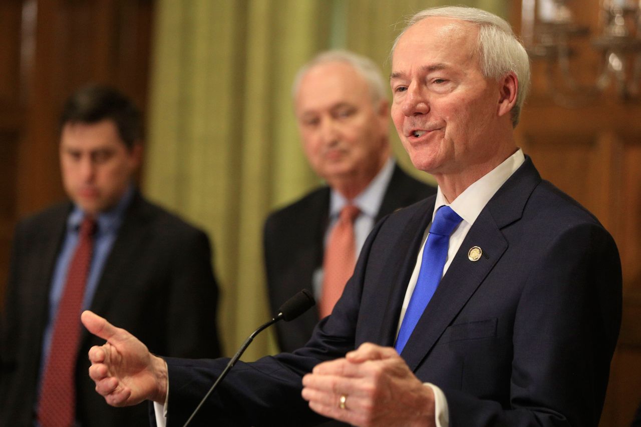 Gov. Asa Hutchinson speaks at a press conference on March 23 in Little Rock, Arkansas.