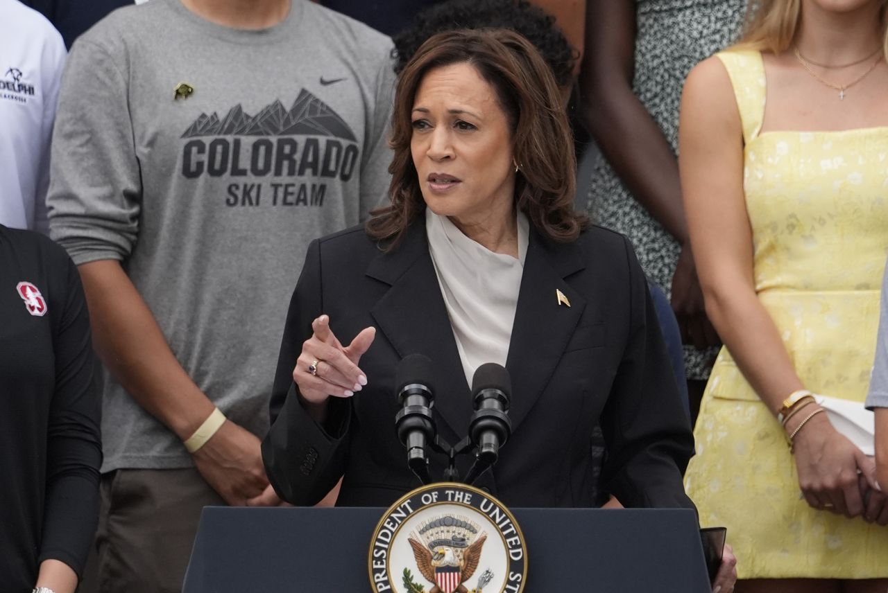 Vice President Kamala Harris speaks from the South Lawn of the White House on Monday.