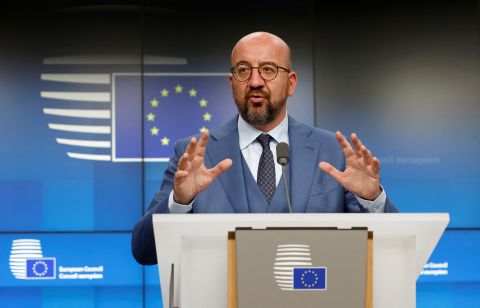 European Council President Charles Michel speaks during a joint news conference in Brussels, Belgium, on June 23.