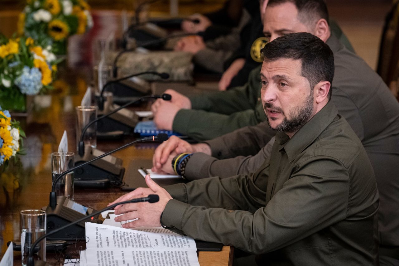 Volodymyr Zelensky speaks during a bilateral meeting with US President Joe Biden in the East Room of the White House on September 21, 2023, in Washington, DC.