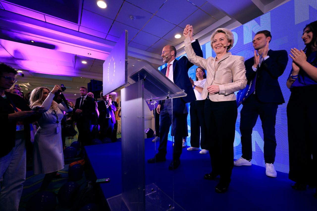 Ursula von der Leyen, President of the European Commission and the lead candidate of the European People's Party (EPP), poses with party president Manfred Weber during an event in Brussels on June 9. 