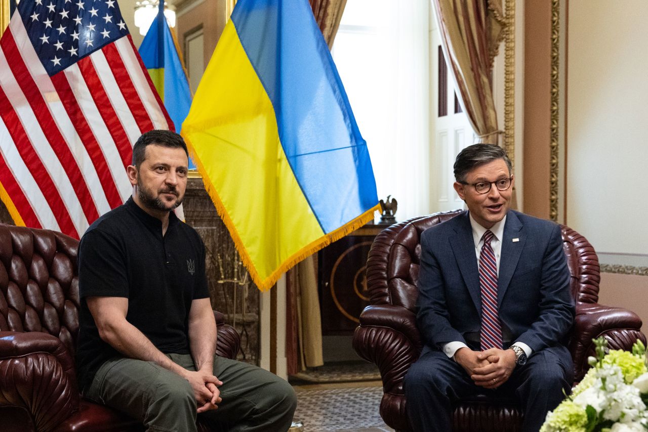 Ukrainian President Volodymyr Zelensky meets with House Speaker Rep. Mike Johnson at the U.S. Capitol on July 10, 2024 in Washington, DC.