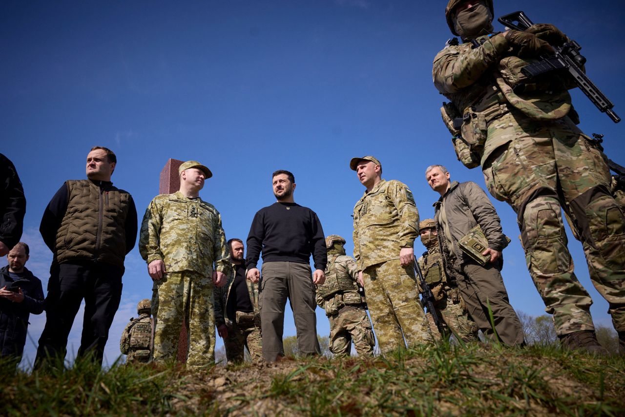 Ukraine's President?Volodymyr?Zelensky?visits the border with Belarus in Volyn region, Ukraine, on April 19.