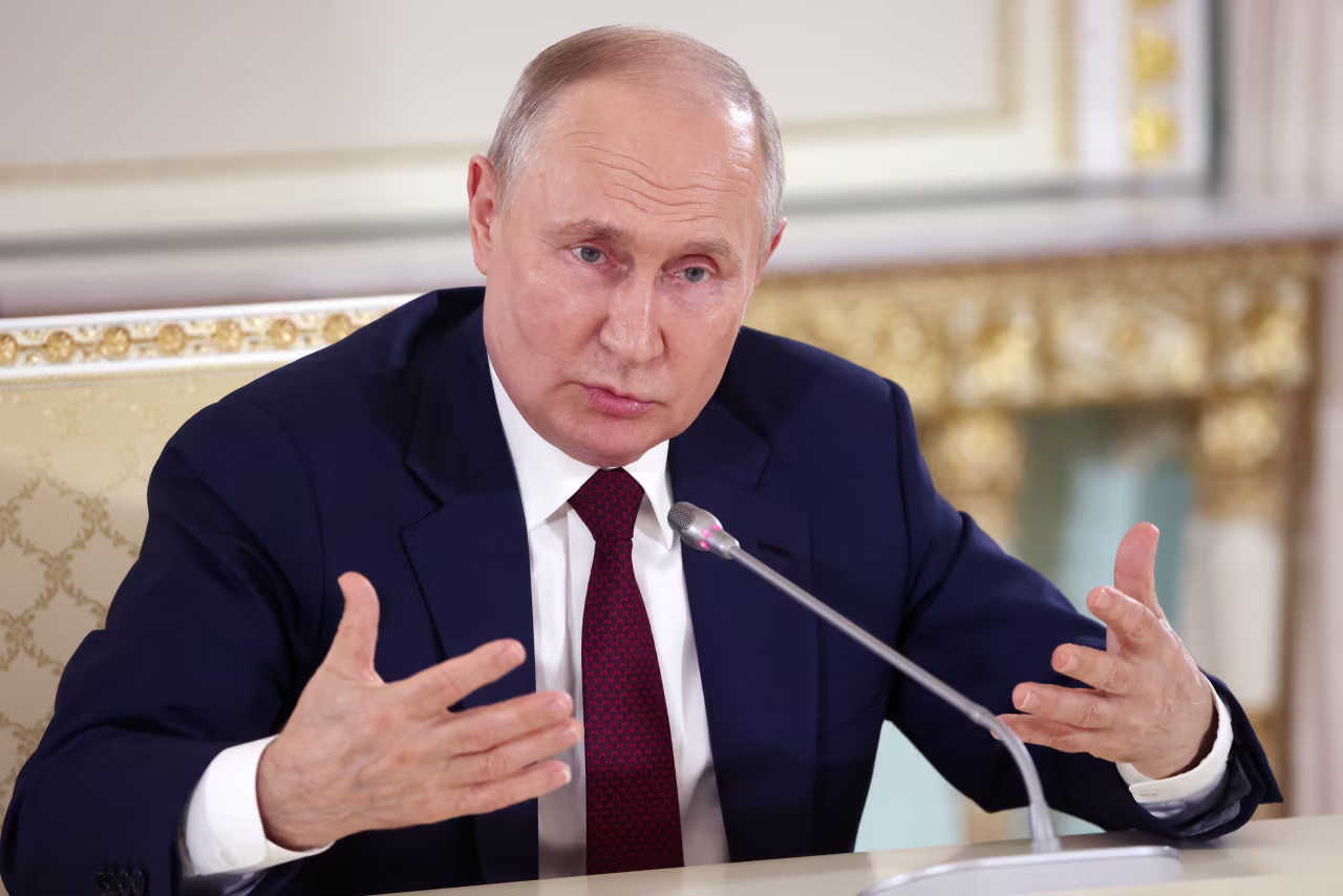 Russian President Vladimir Putin speaks during his press conference at the Konstantin Palace on July 29, in Saint Petersburg, Russia.