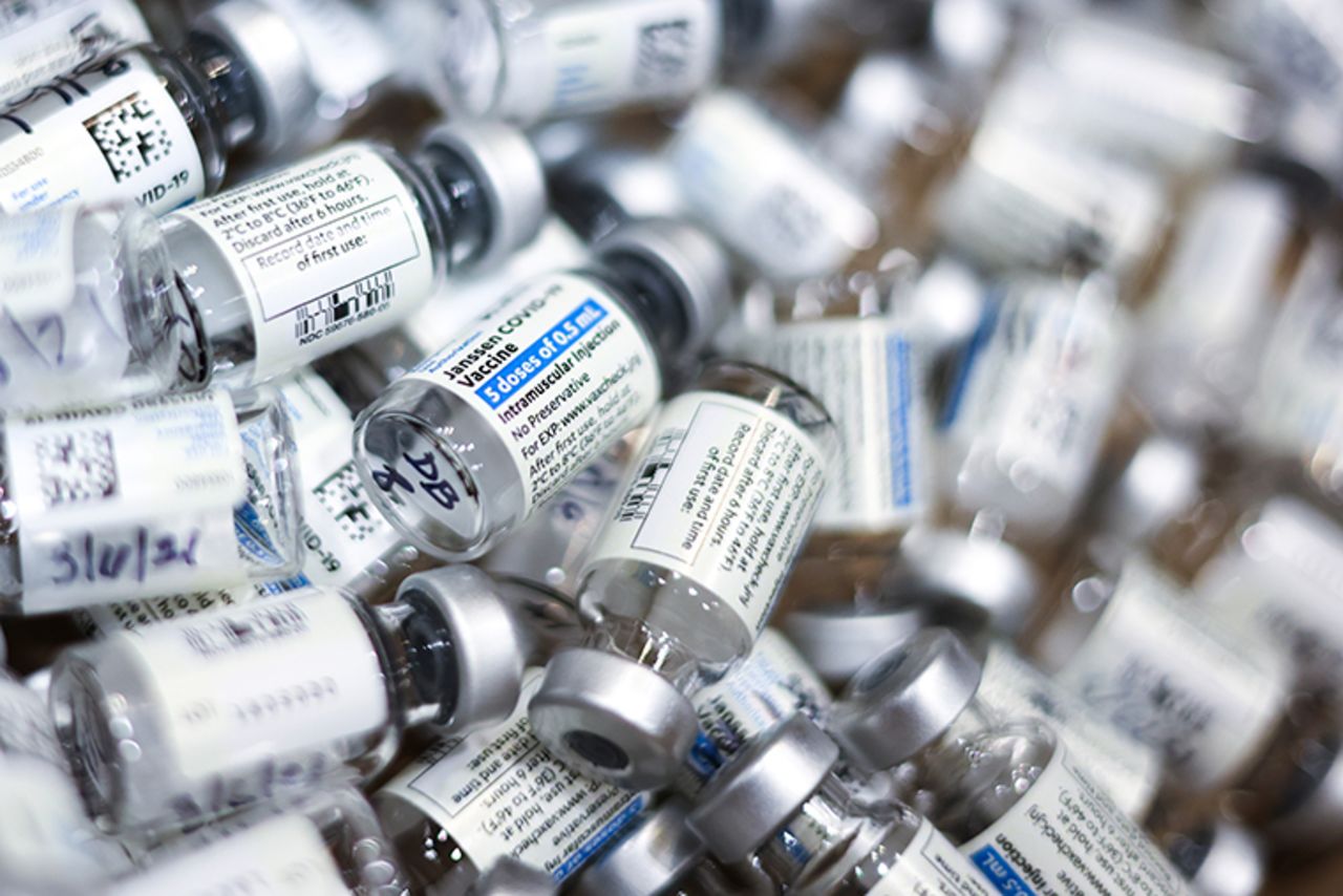 Used vials of the Johnson & Johnson COVID-19 vaccine, the newest vaccine approved by the U.S. FDA for emergency use, sit in a box at an event put on by the Thornton Fire Department on March 6, 2021 in Thornton, Colorado.