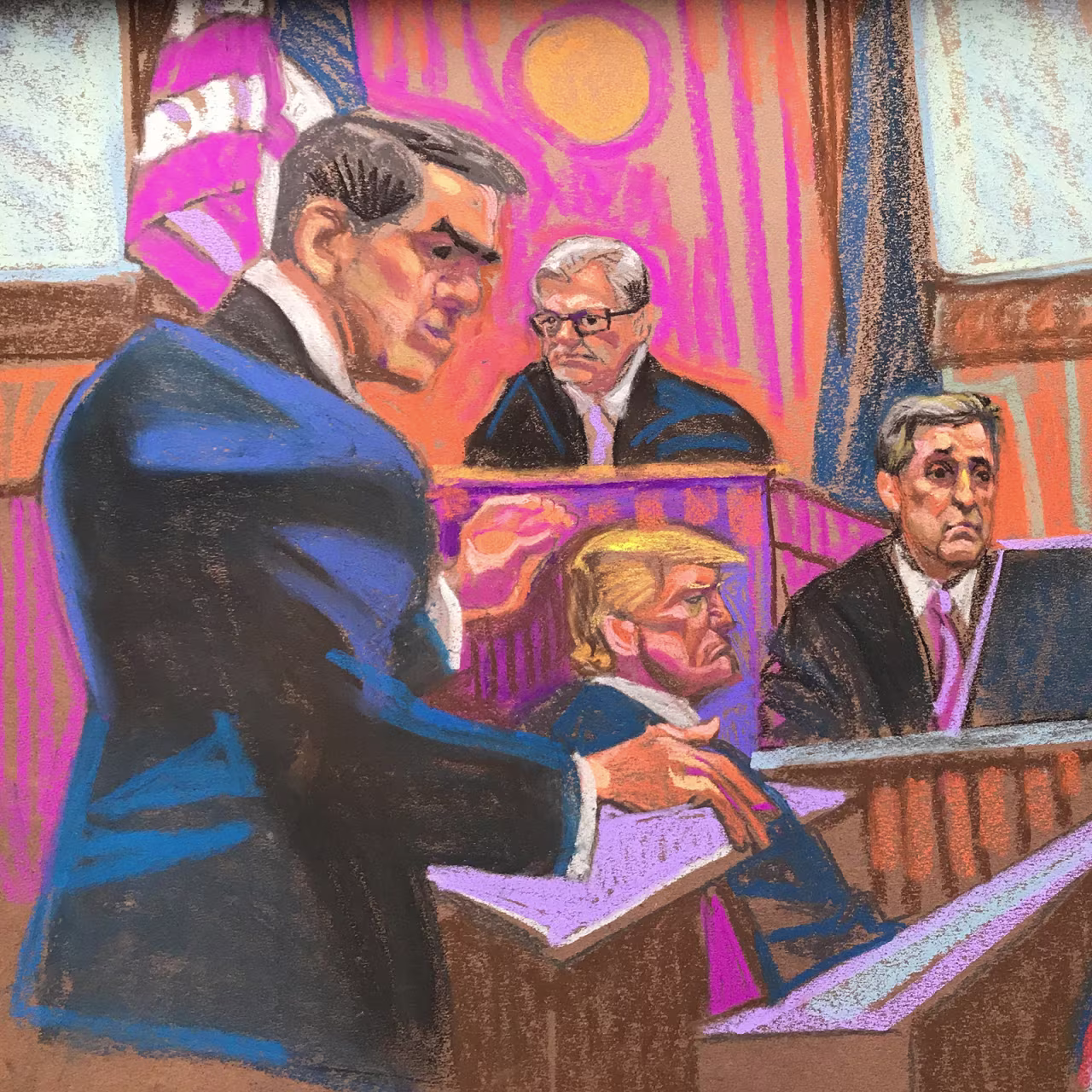 In this court sketch, attorney Todd Blanche, left, questions Michael Cohen, right, as Judge Juan Merchan and former President Donald Trump listen at Manhattan Criminal Court on May 16 in New York City.