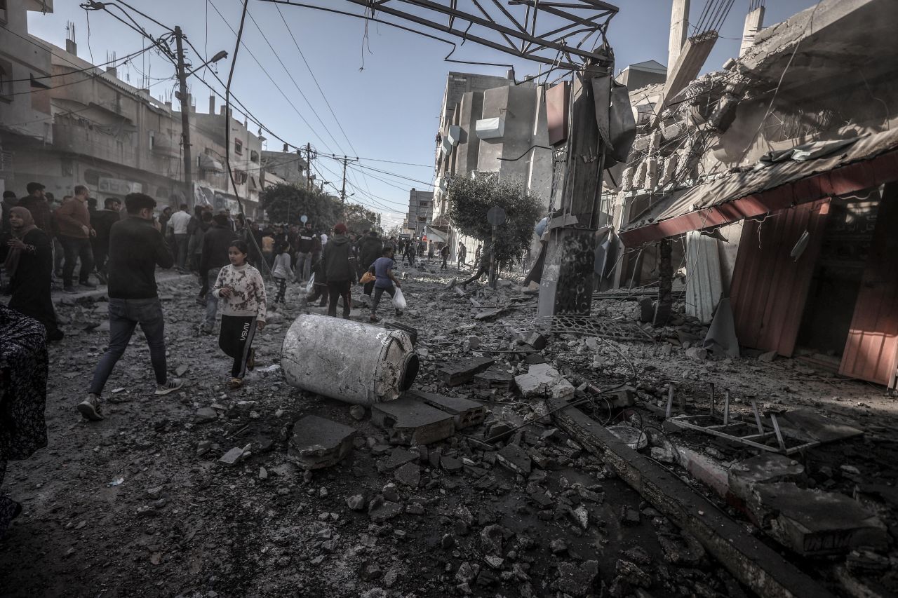 Buildings and roads are destroyed after an Israeli attack in Deir al-Balah, Gaza, on February 17.