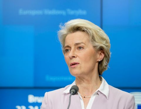 President of the European Commission Ursula von der Leyen talks to media in Brussels, on Thursday.