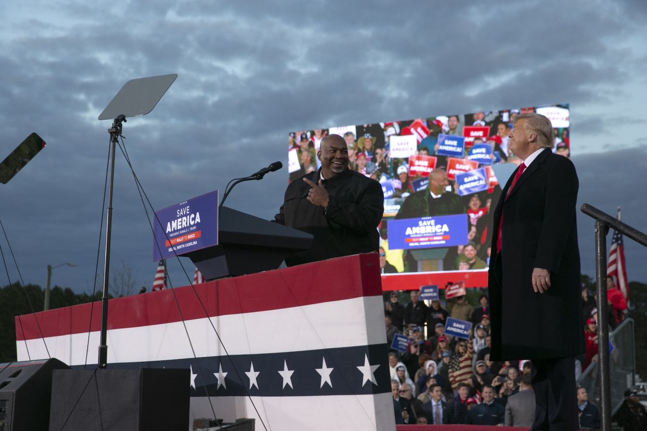 Lieutenant Governor Mark Robinson joins the stage with former President Donald Trump during a rally in Selma, North Carolina, in April