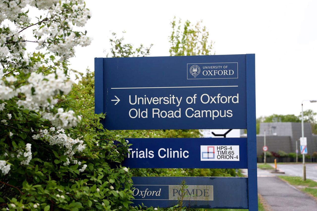 A general view of a sign outside of the University of Oxford Old Road Campus, which houses the Jenner Institute and is where the first human trials of a coronavirus vaccine developed by researchers at the University of Oxford is taking place in Oxford, England on April 29. 