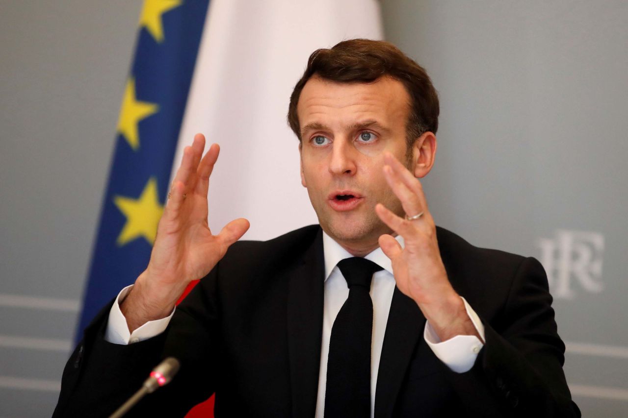 French President Emmanuel Macron is pictured during a video conference meeting with African Union officials at the Elysee Palace in Paris, on February 17. 