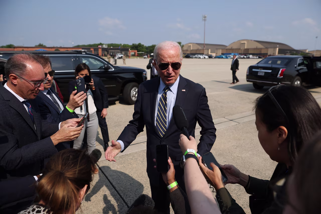 US President Joe Biden speaks to members of the media before departing for Philadelphia on June 17. 