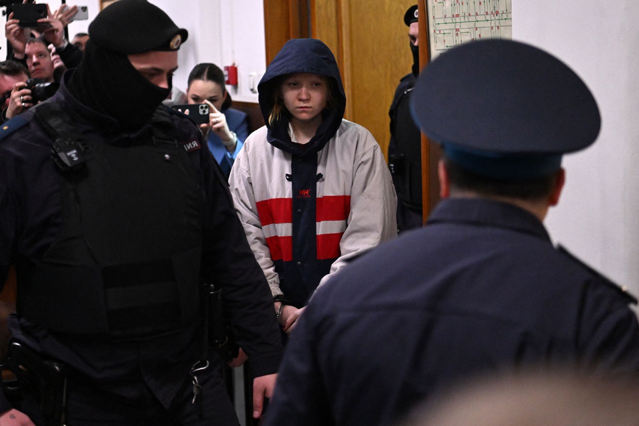 Daria Trepova is escorted inside the Basmanny district court for her hearing in Moscow, on Tuesday, April 4.