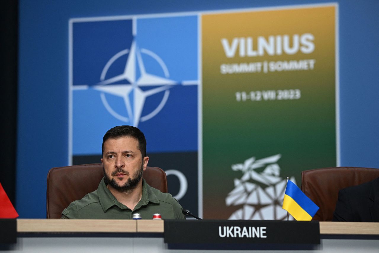 Ukrainian President Volodymyr Zelensky attends a meeting of the NATO-Ukraine Council during the NATO Summit in Vilnius, Lithuania, on Wednesday.