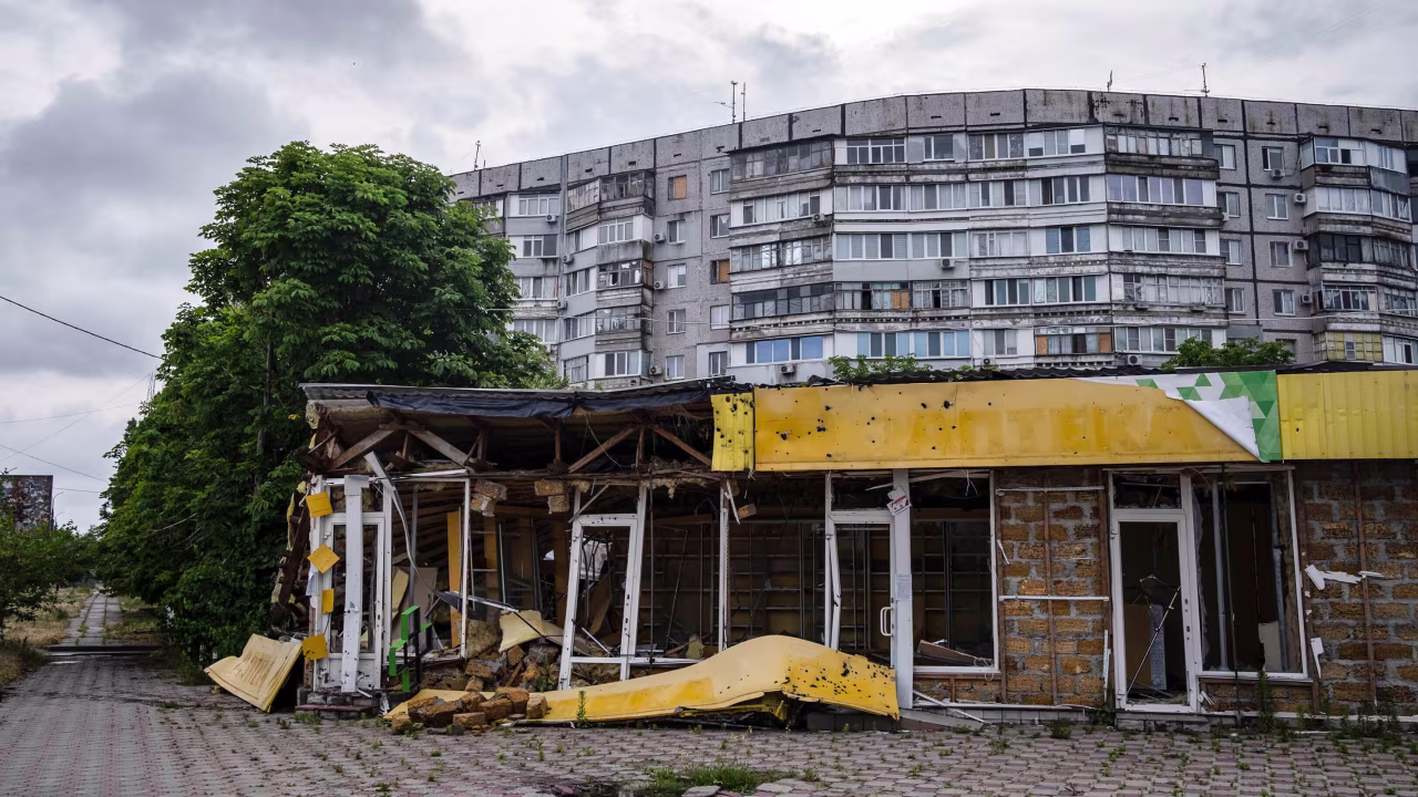 A former store seen hit by a Russian artillery strike in Kherson on Friday, June 16.