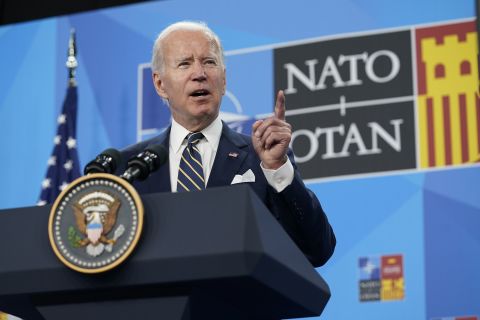 President Joe Biden speaks during a news conference on the final day of the NATO summit in Madrid, Spain, on June 30.